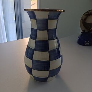 MacKenzie-Childs Navy and Cream Checkered Vase with Gold Rim